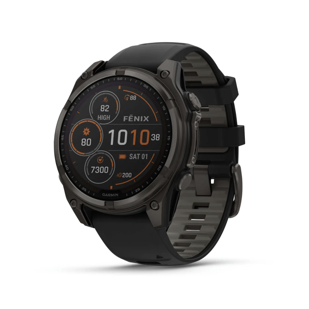 Garmin Fēnix 8 - 47 mm, Solar, Sapphire Titane Carbon Gray DLC avec bracelet en silicone noir/gris galet