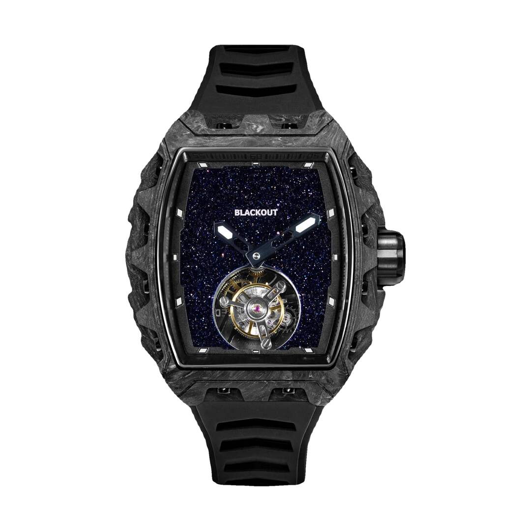 Blackout Watches XP1 Tourbillon Aventurine sur fond blanc — cadran bleu nuit